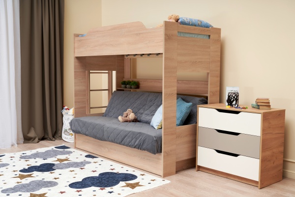 Двухъярусная кровать с диван-кроватью велюр серый / дуб сонома